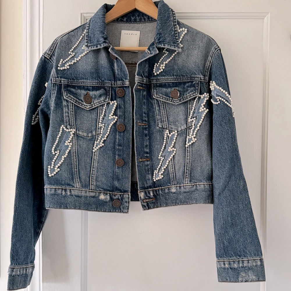 Sandro Lightning Bolt Cropped Denim Jacket In Blue Vintage